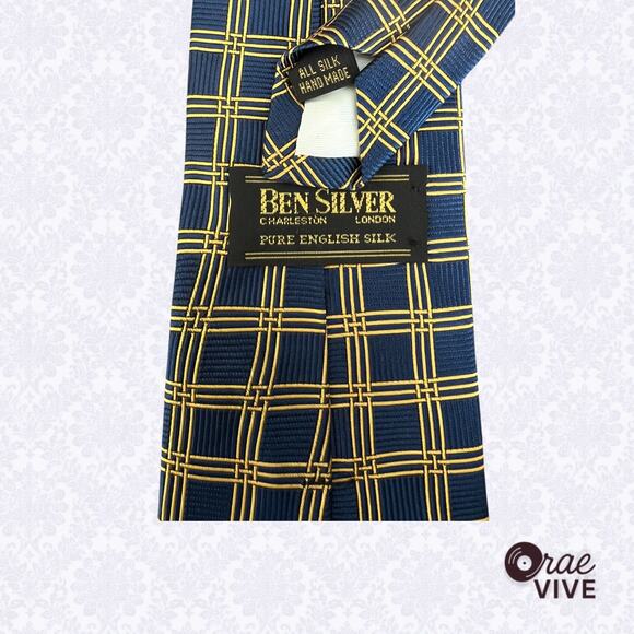 Ben Silver Charleston London Vintage 100% Silk Handmade Tie Blue Gold Plaid - Picture 5 of 5